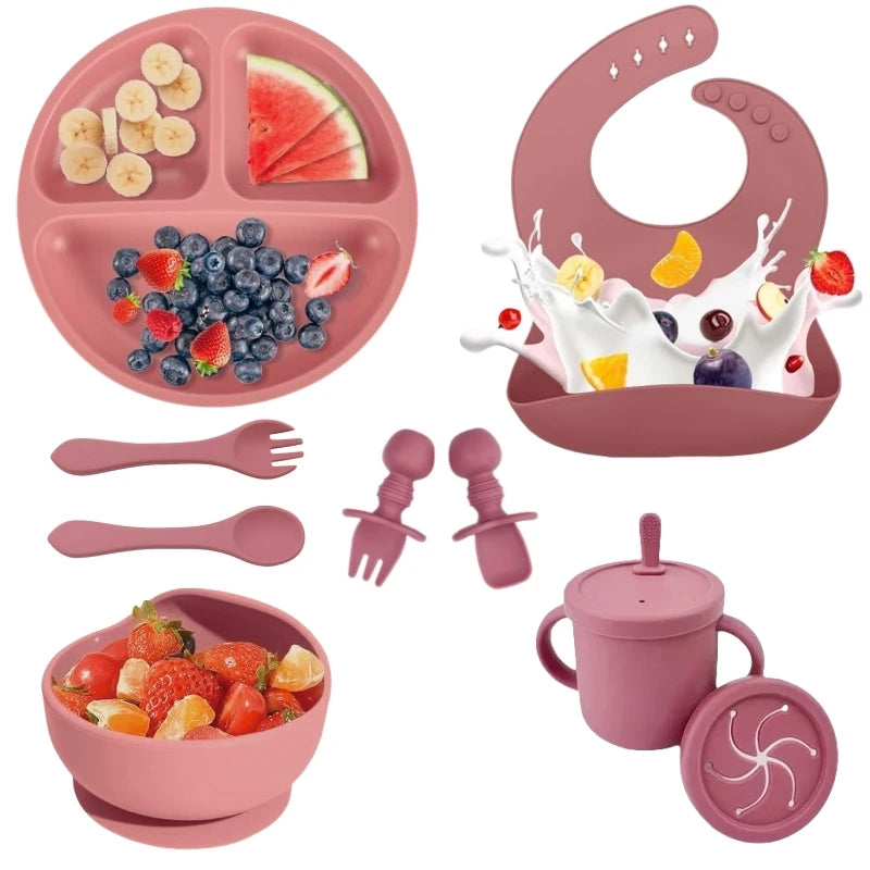 Set Repas Bébé en Silicone Sans BPA – Bol Ventouse, Assiette, Tasse & Couverts