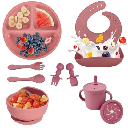 Set Repas Bébé en Silicone Sans BPA – Bol Ventouse, Assiette, Tasse & Couverts