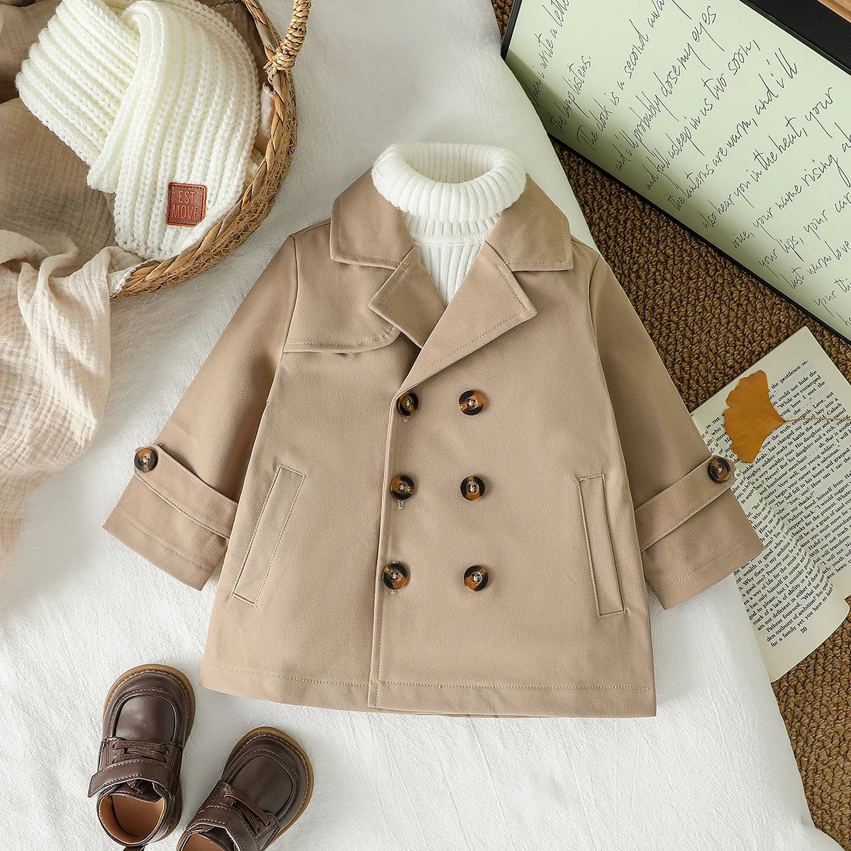 Manteau Bébé Garçon – Trench Double Boutonnage, Automne/Hiver, 3M-3 Ans