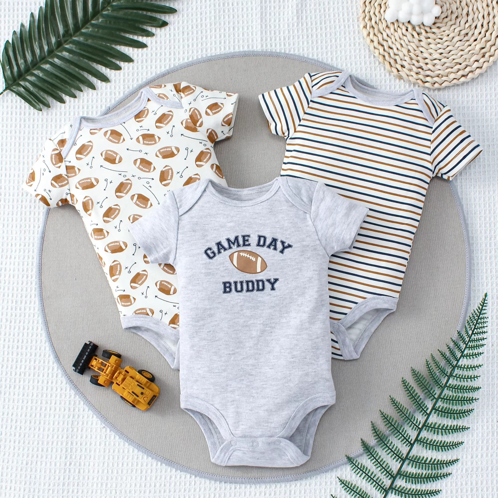 Lot de 3 Bodies Bébé  – Motif Dinosaure & Rayures, Manches Courtes, 3-9 Mois