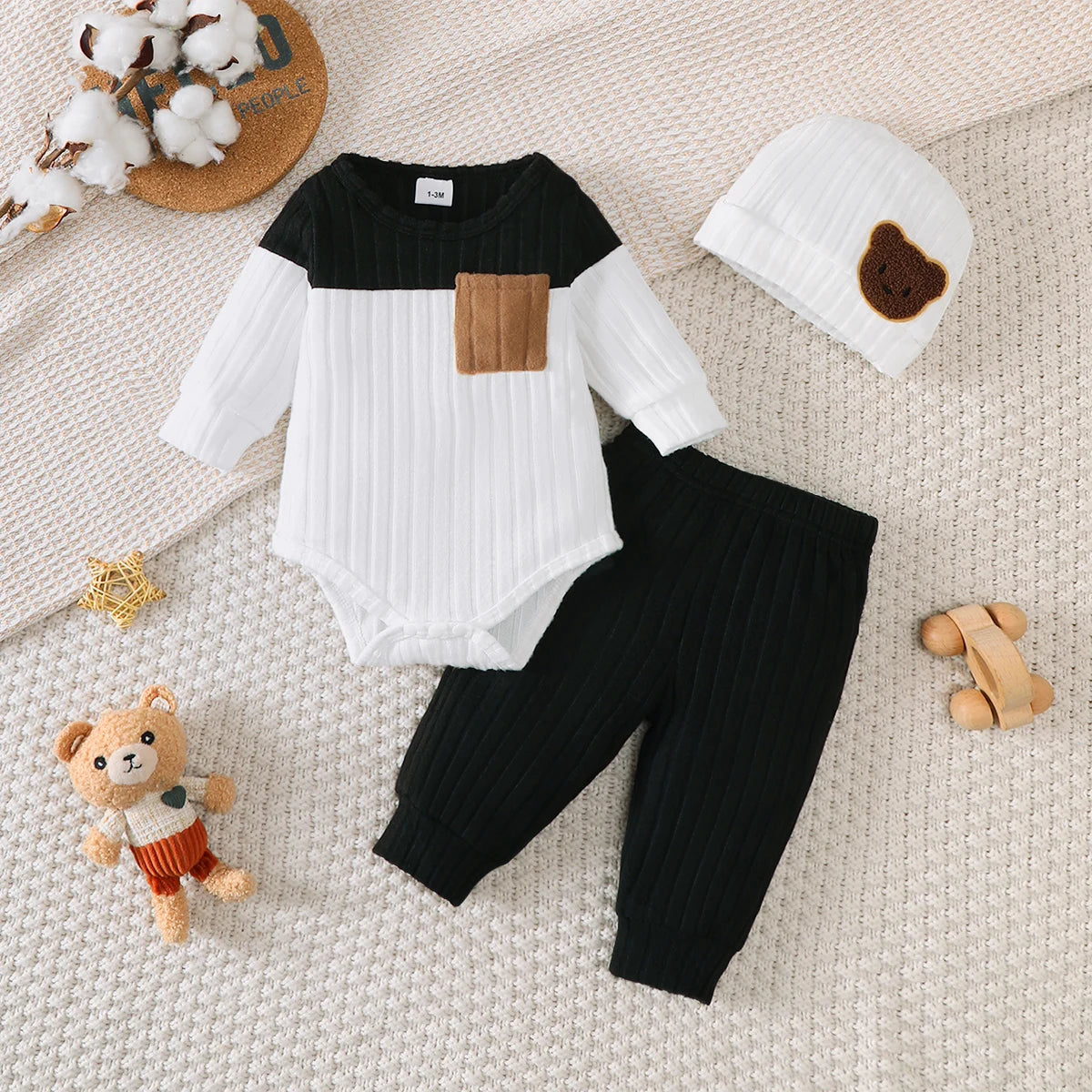 Ensemble 3 Pièces Bébé Garçon – Body Manches Longues + Pantalon + Bonnet, 1-18 Mois