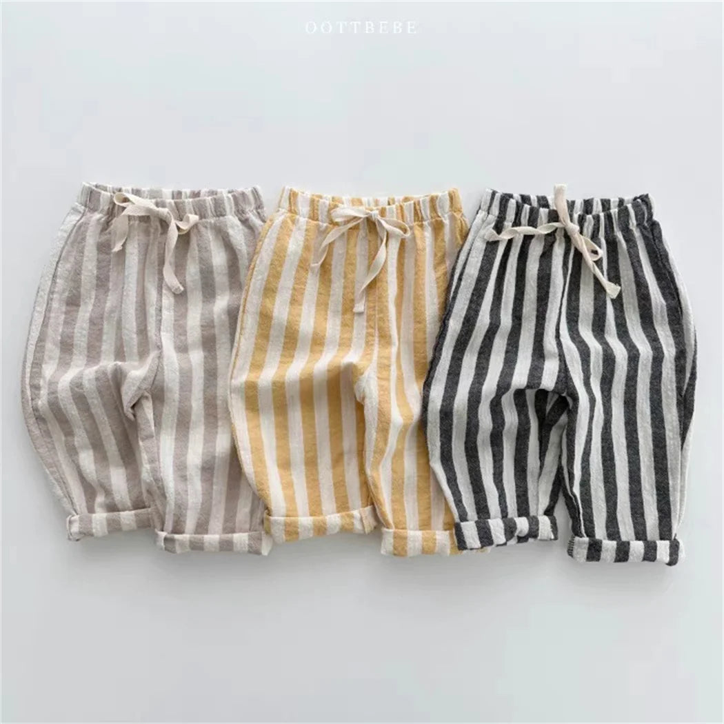 Pantalon Enfant Lin & Coton Rayé – Poches, Taille Élastique, Mixte