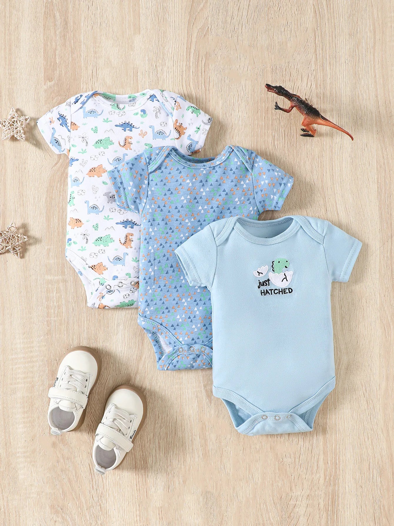 Lot de 3 Bodies Bébé  – Motif Dinosaure & Rayures, Manches Courtes, 3-9 Mois