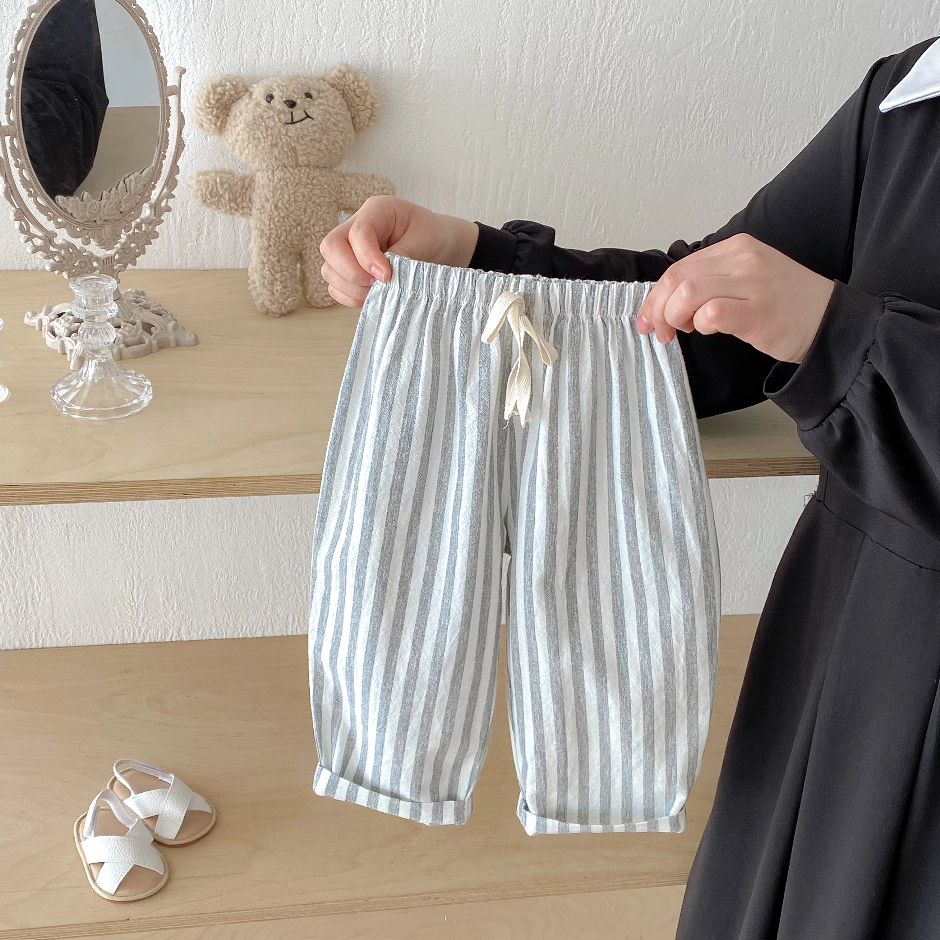 Pantalon Enfant Lin & Coton Rayé – Poches, Taille Élastique, Mixte