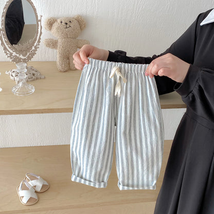 Vintage Linen Cotton Stripe Pants for Boys Casual Pocket Design Elastics Waist Pants for Toddler Girl Clothing Children Trousers
