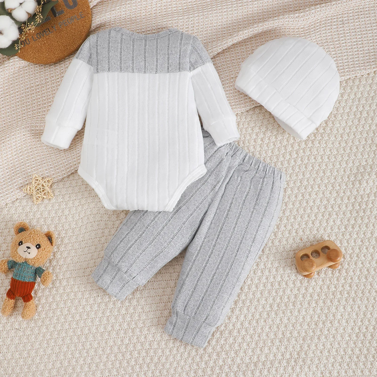 Ensemble 3 Pièces Bébé Garçon – Body Manches Longues + Pantalon + Bonnet, 1-18 Mois