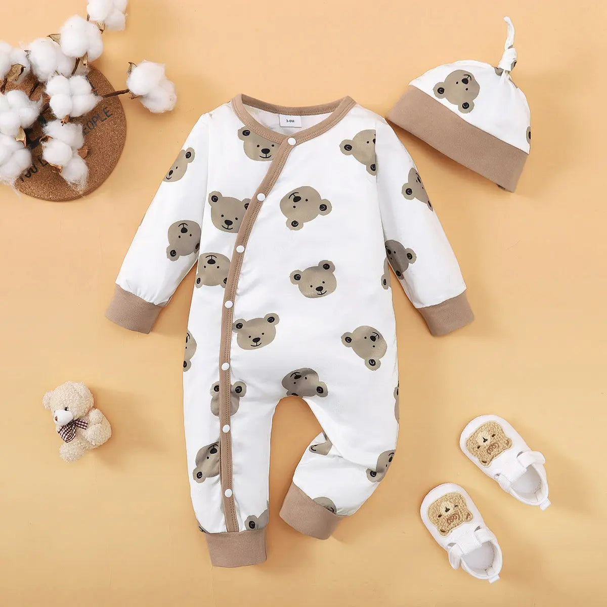 Combinaison Bébé Hiver – Motif Ours, Manches Longues, 1-18 Mois