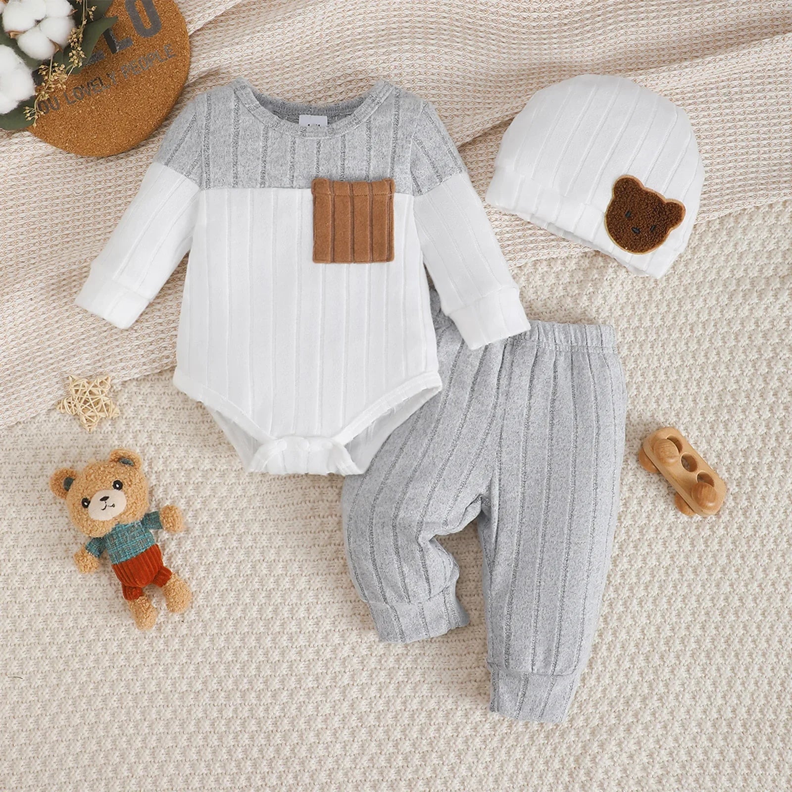 Ensemble 3 Pièces Bébé Garçon – Body Manches Longues + Pantalon + Bonnet, 1-18 Mois