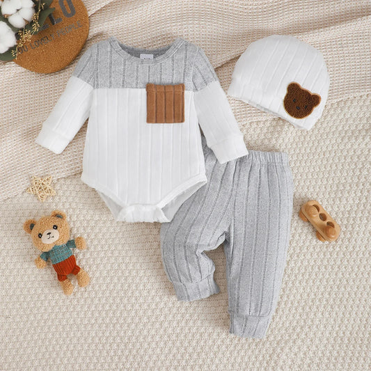 Ensemble 3 Pièces Bébé Garçon – Body Manches Longues + Pantalon + Bonnet, 1-18 Mois
