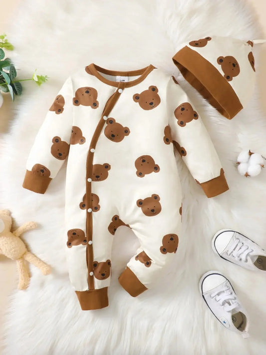 Combinaison Bébé Hiver – Motif Ours, Manches Longues, 1-18 Mois