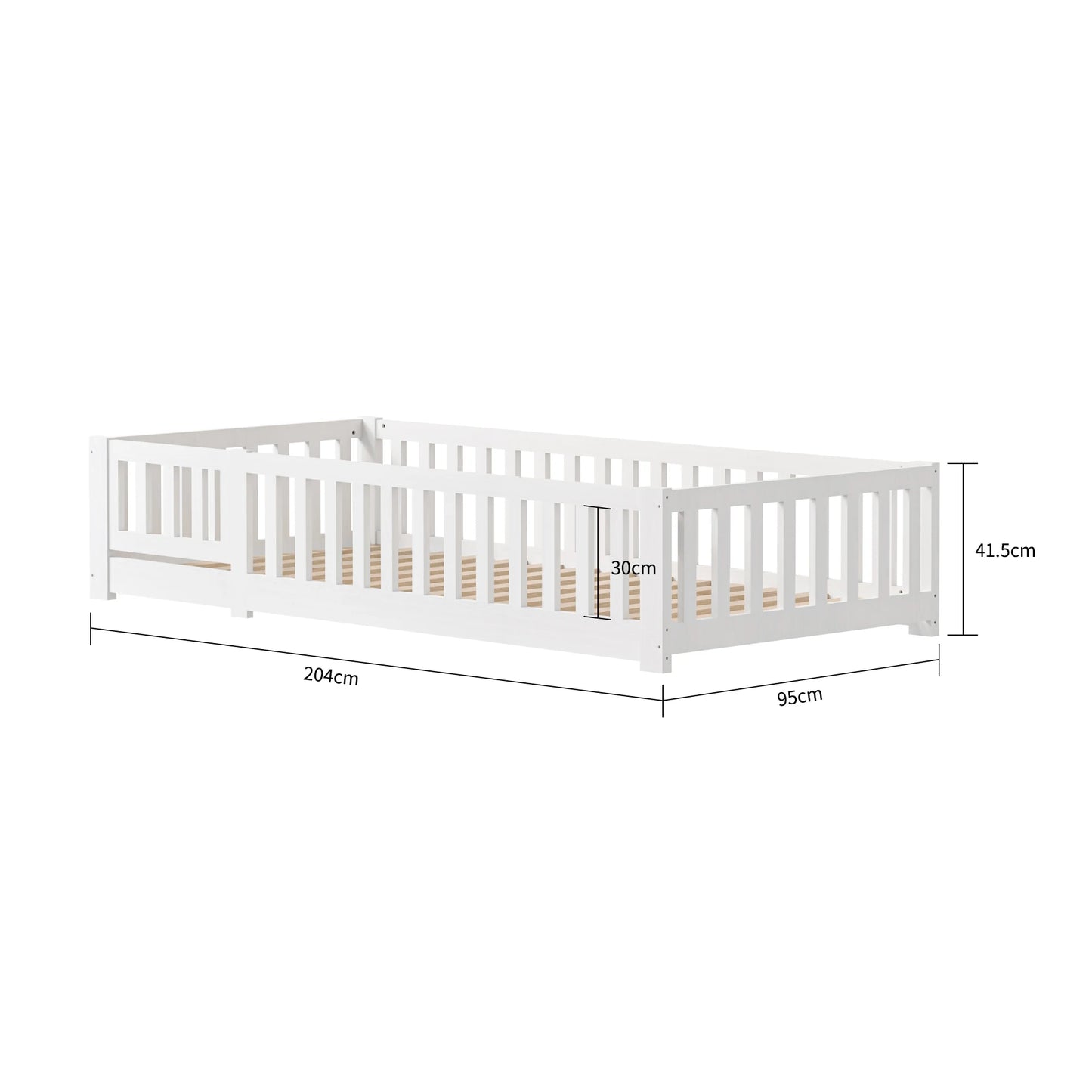 Lit au Sol en Bois Massif – Barrière & Porte, Protection Anti-Chute, Sommier Inclus | 80×160 à 120×200 cm