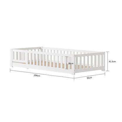 Lit au Sol en Bois Massif – Barrière & Porte, Protection Anti-Chute, Sommier Inclus | 80×160 à 120×200 cm