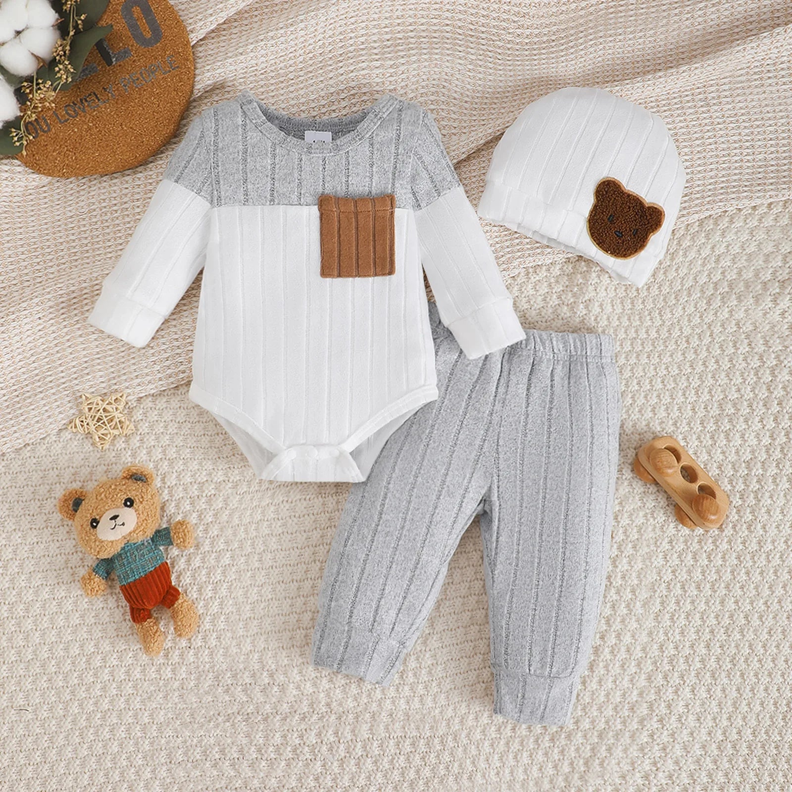 Ensemble 3 Pièces Bébé Garçon – Body Manches Longues + Pantalon + Bonnet, 1-18 Mois