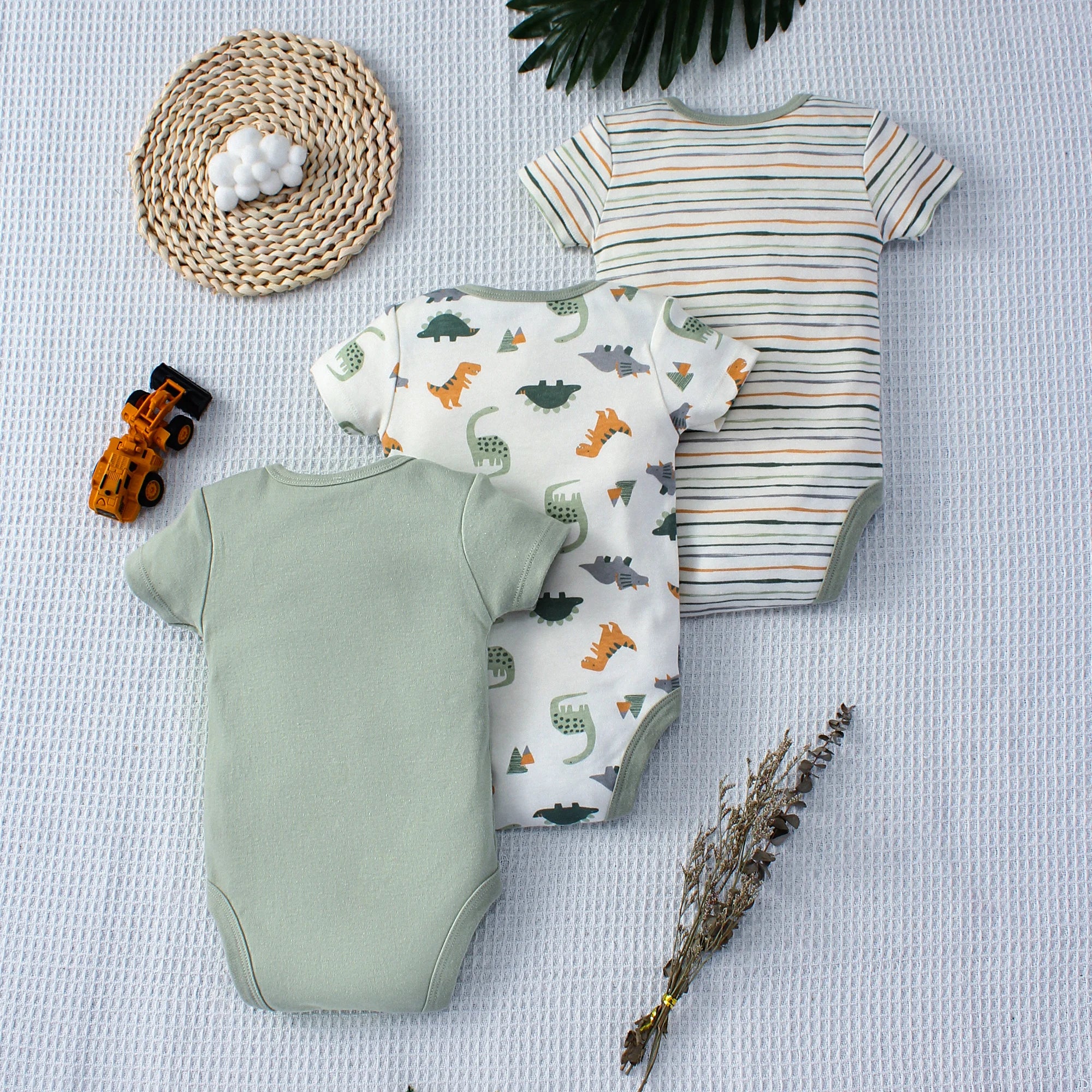Lot de 3 Bodies Bébé  – Motif Dinosaure & Rayures, Manches Courtes, 3-9 Mois