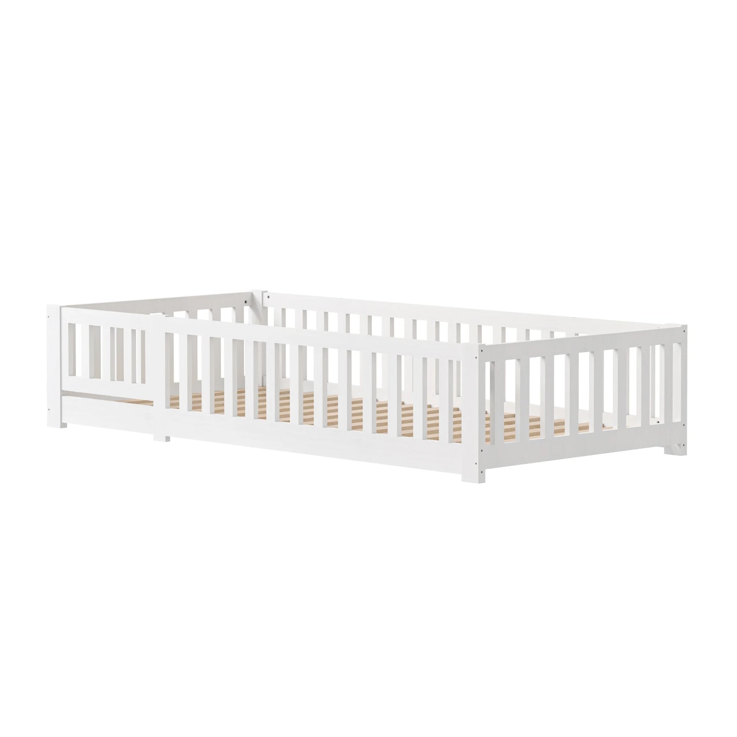 Lit au Sol en Bois Massif – Barrière & Porte, Protection Anti-Chute, Sommier Inclus | 80×160 à 120×200 cm