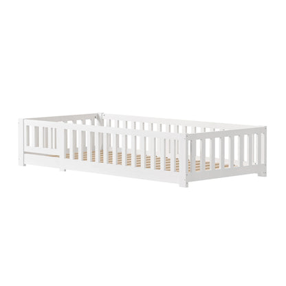 Lit au Sol en Bois Massif – Barrière & Porte, Protection Anti-Chute, Sommier Inclus | 80×160 à 120×200 cm