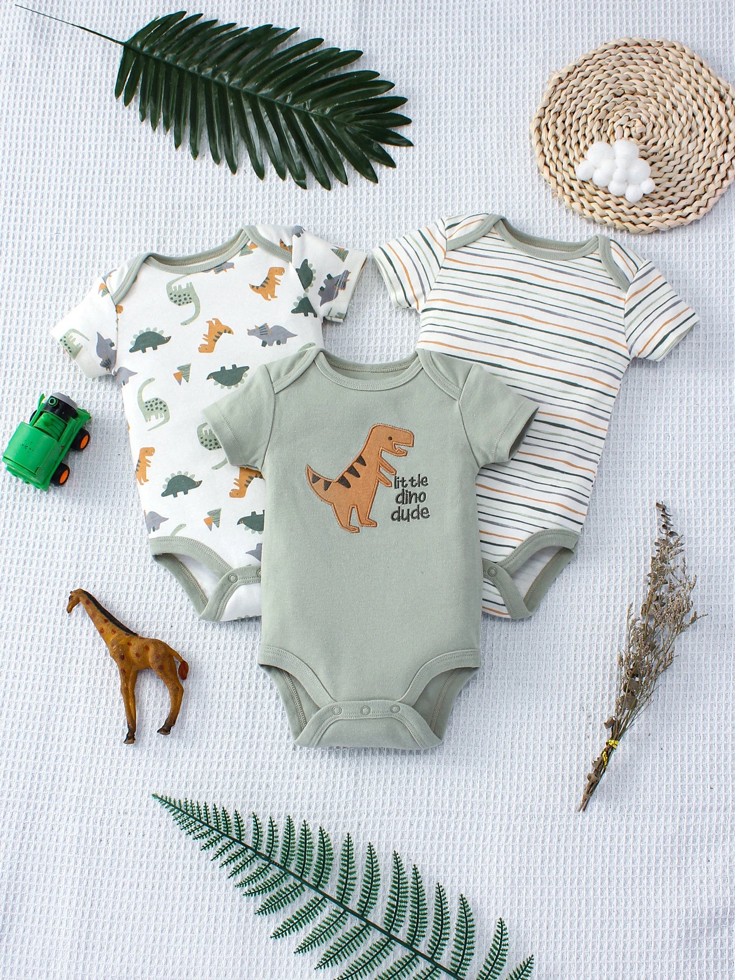 Lot de 3 Bodies Bébé  – Motif Dinosaure & Rayures, Manches Courtes, 3-9 Mois