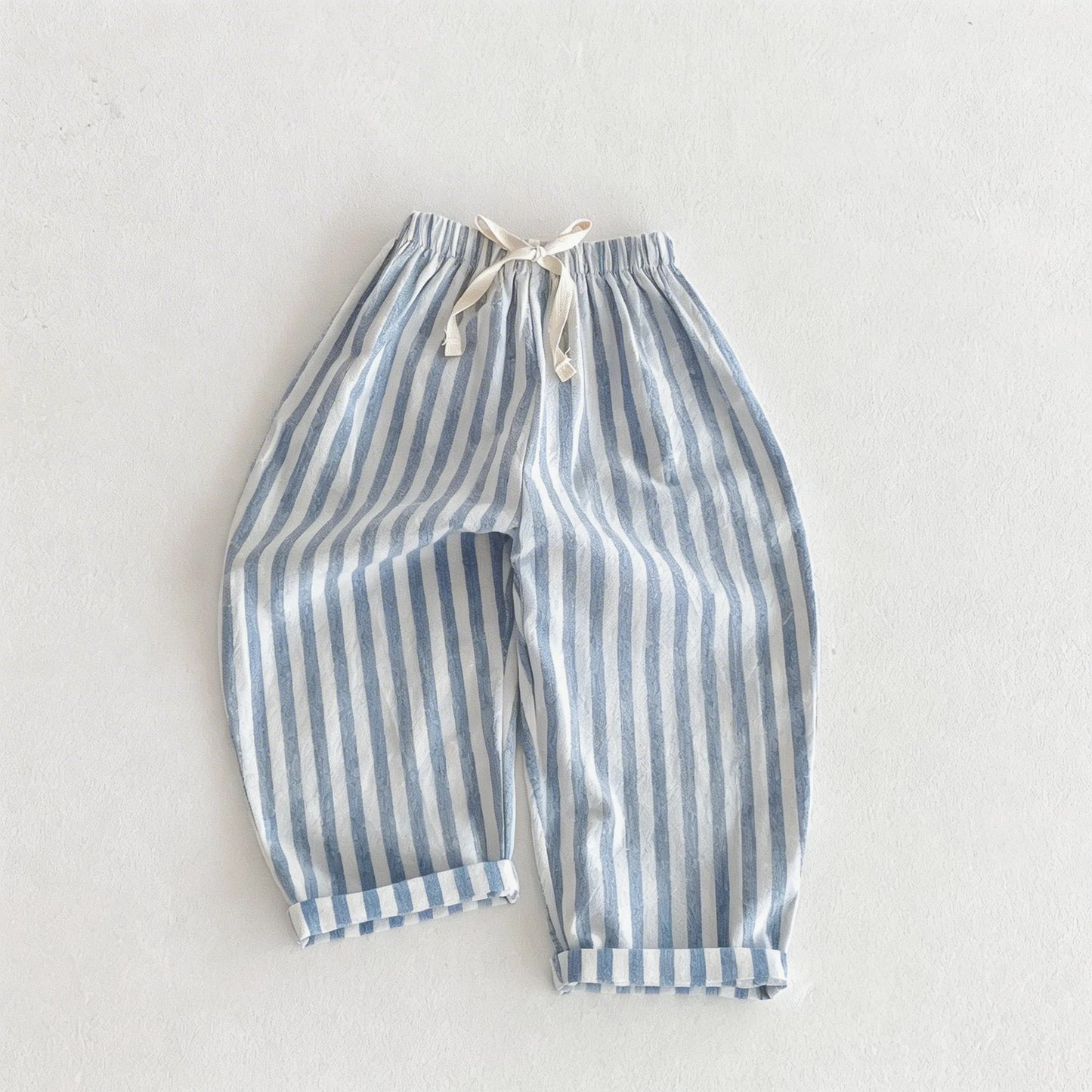 Vintage Linen Cotton Stripe Pants for Boys Casual Pocket Design Elastics Waist Pants for Toddler Girl Clothing Children Trousers