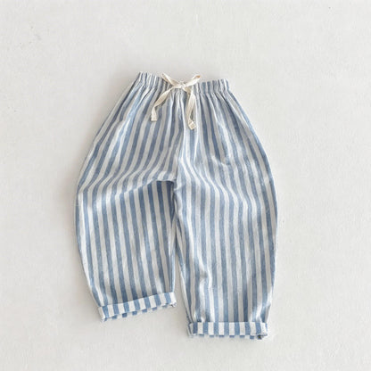 Vintage Linen Cotton Stripe Pants for Boys Casual Pocket Design Elastics Waist Pants for Toddler Girl Clothing Children Trousers