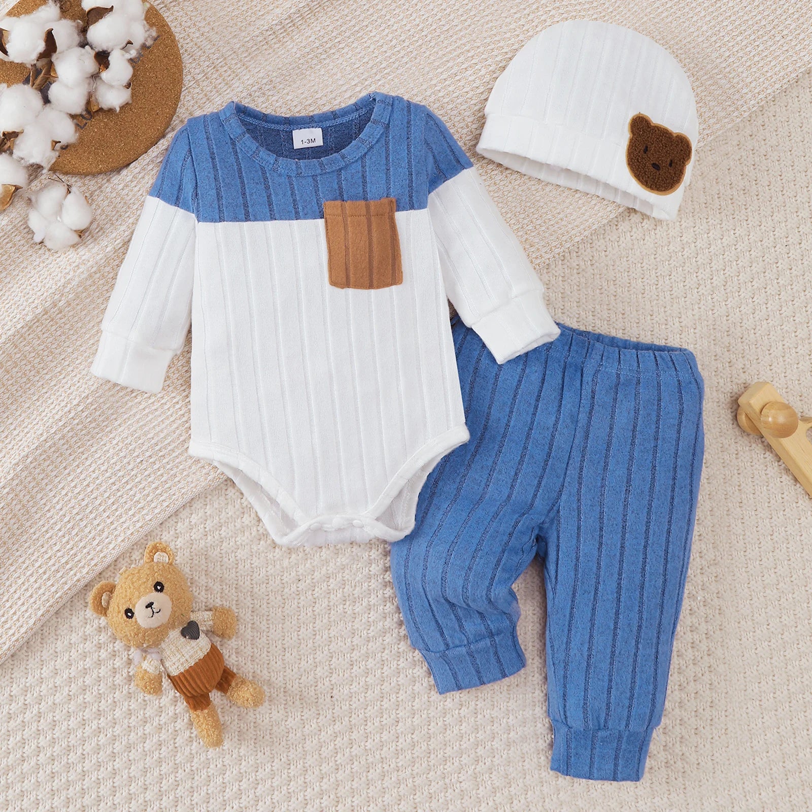 Ensemble 3 Pièces Bébé Garçon – Body Manches Longues + Pantalon + Bonnet, 1-18 Mois