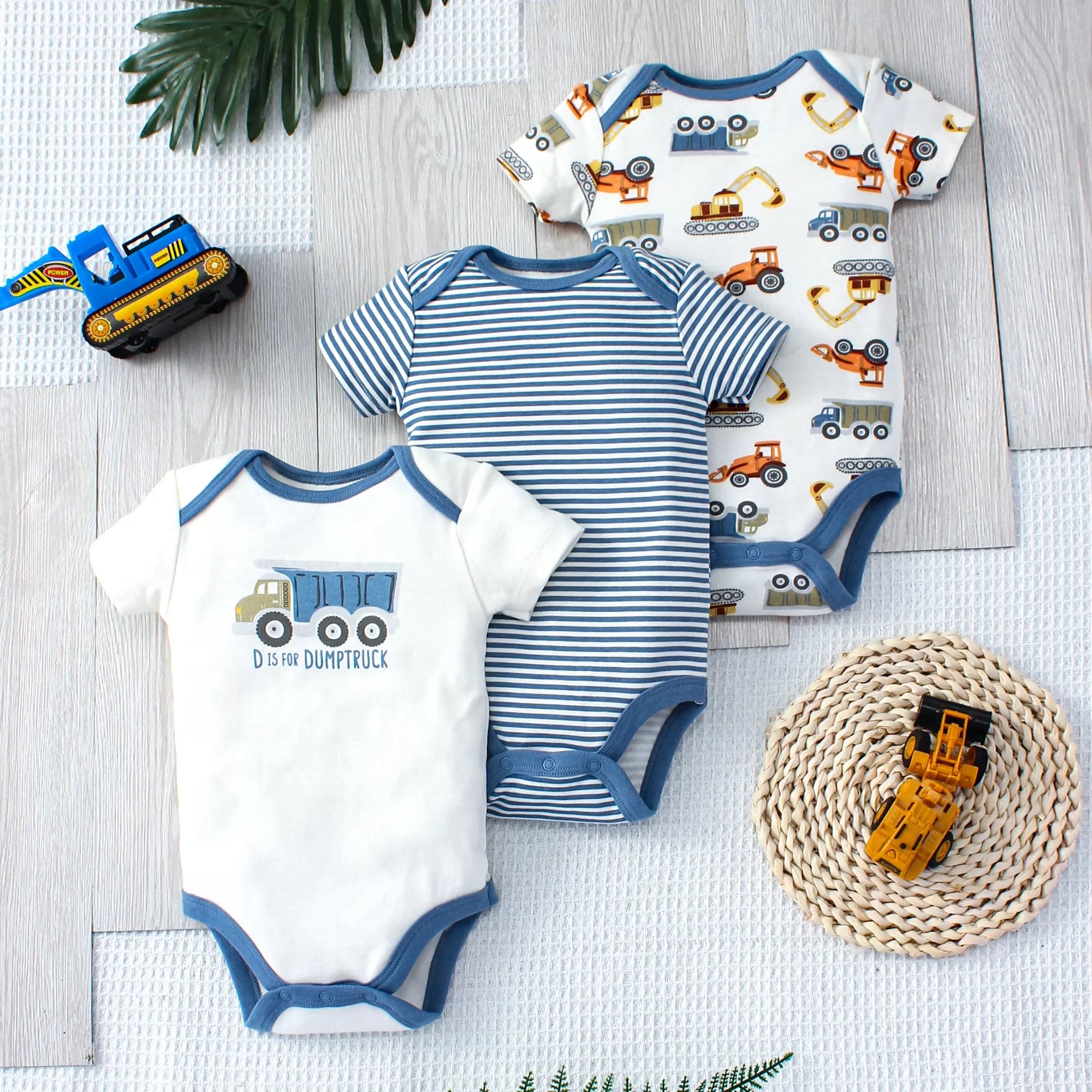 Lot de 3 Bodies Bébé  – Motif Dinosaure & Rayures, Manches Courtes, 3-9 Mois