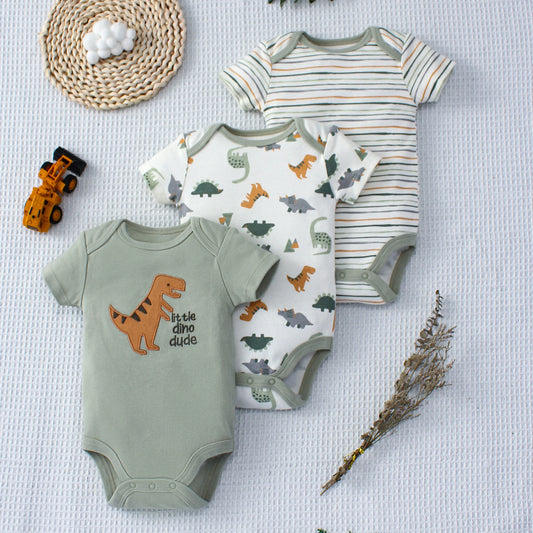 Lot de 3 Bodies Bébé  – Motif Dinosaure & Rayures, Manches Courtes, 3-9 Mois