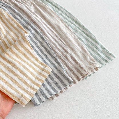 Vintage Linen Cotton Stripe Pants for Boys Casual Pocket Design Elastics Waist Pants for Toddler Girl Clothing Children Trousers