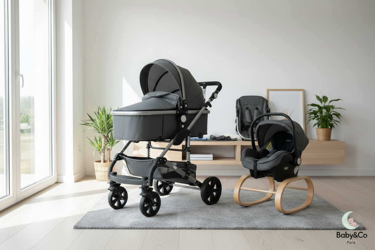 Poussette BaBy&Co 3 en 1 multi-fonctionelle avec son siège auto.