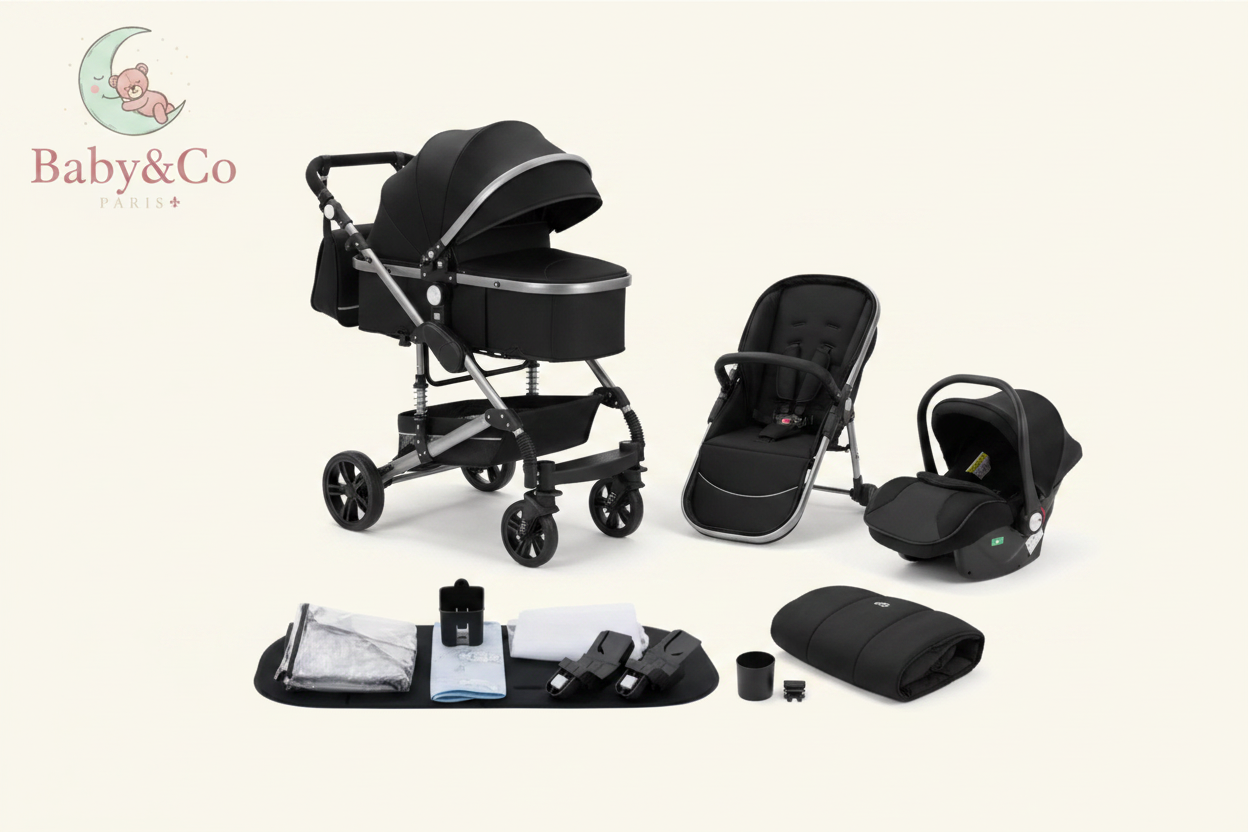 Poussette BaBy&Co 3 en 1 multi-fonctionelle avec son siège auto.